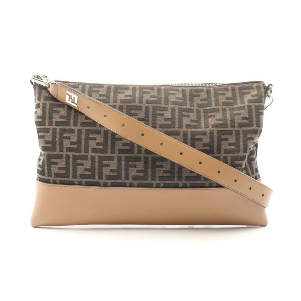 Fendi Zucca Shoulder Bag Canvas Leather Brown Beige Cream